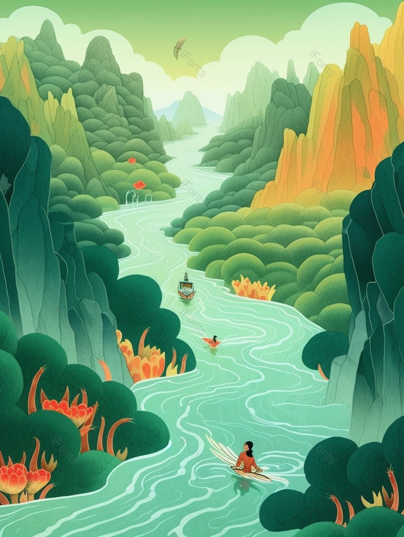 绿色节气彩色山水夏季插画背景,插画/手绘图,插画/手绘图库,插画/手绘图下载,插画/手绘